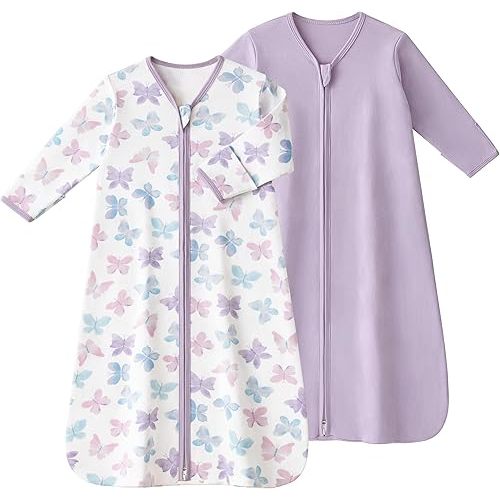 Baby Sleep Sack 0-6 Months, Long Sleeve Baby Wearable Blanket 0.5 Tog with Mittens, 2-Way Zipper Newborn Cotton Sleeping Sack for Boy and Girl Purple Butterfly 2 Pack (Small)
