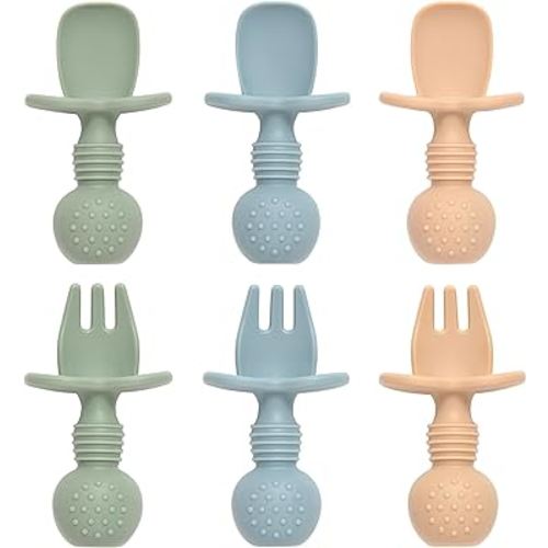 Baby Spoons and Forks Feeding Set, 6 Pack Silicone First Stage Self Feeding Toddler Utensils, BPA Free, Baby Led Weaning Supplies for Training Spoons