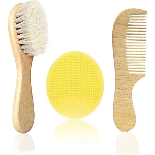 Baby Hair Brush with Wooden Handle and Comb Set for Newborns & Toddlers | Natural Soft Goat Bristles l Wood comb l Yellow Silicone Brush| Ideal for Cradle Cap (3PCS)