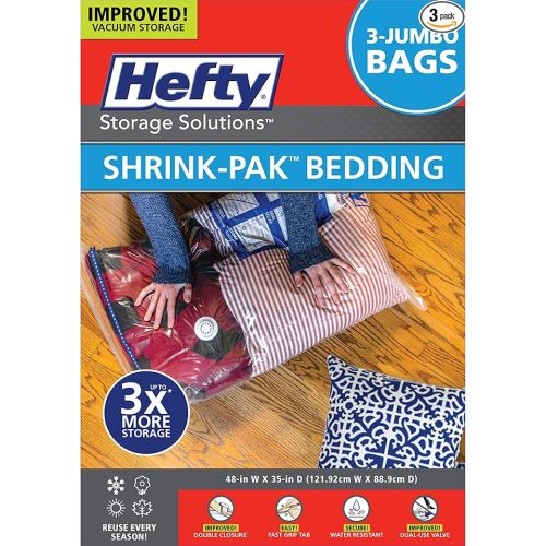 Hefty Shrink-Pak Vacuum Storage Bags - Space Saver for Under Bed Storage, Clothing and Comforters, Odor Resistant, 3X More Storage Space - 3 Jumbo Bags