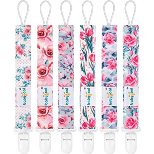 Babygoal Floral Pacifier Clips, 6 Pack Binky Paci Holder Clips and Leash for Boys and Girls Fits for Most Pacifier, Binkie Styles & Baby Teethers & Toys and Gift 6PS16