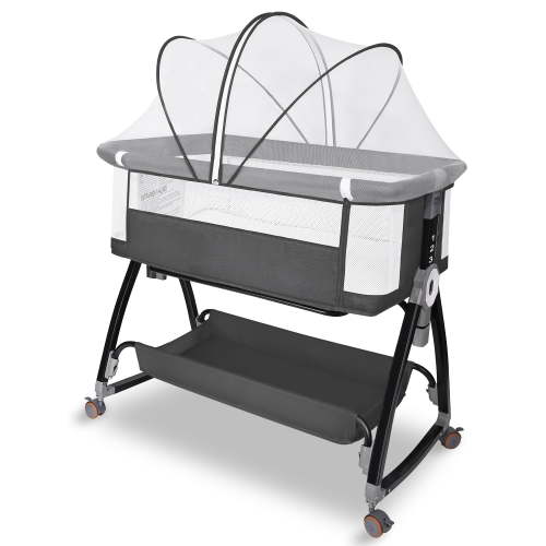 HDJ Baby Bassinet, Bedside Sleeper with Storage Basket, Crib for 0-6 Months, Dark Gray