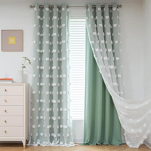 MYSKY HOME Aqua Living Room Curtains Kids Curtains for Boys Bedroom 84 Inches Long Double Layer Curtains for Kids Room Darkening Grommet White Pom Pom Sheer Blackout Curtains 52 x 84 Inch 2 Panels