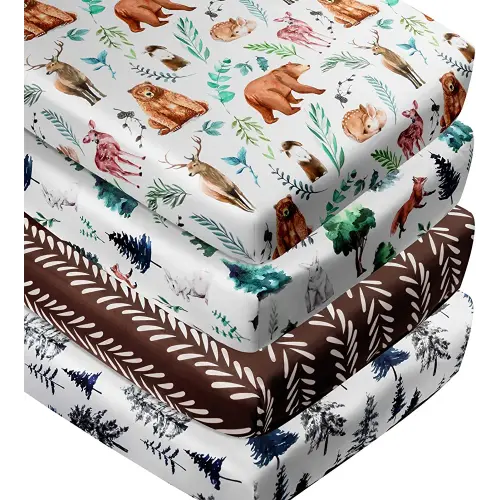 4 Pack Woodland Forest Animals Wood Neutral Unisex Fitted Baby Crib Sheets Set for Baby Boys or Girls