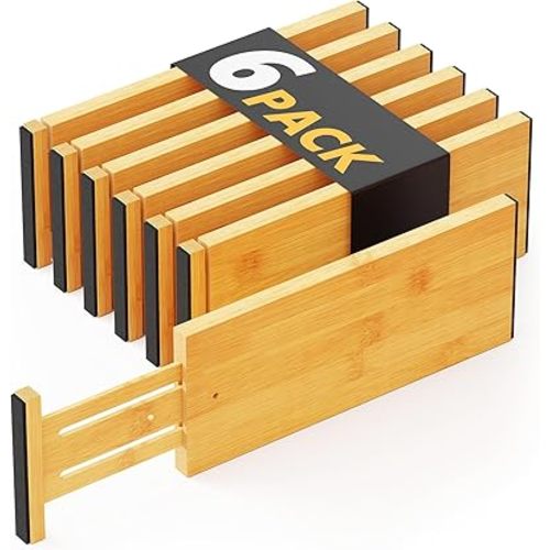 SpaceAid Bamboo Dresser Drawer Dividers 6 Pack, 4.65“ High Adjustable 12.5“-17” Drawer Organizers, Expandable Organization for Clothing, Clothes, Dressers, Natural