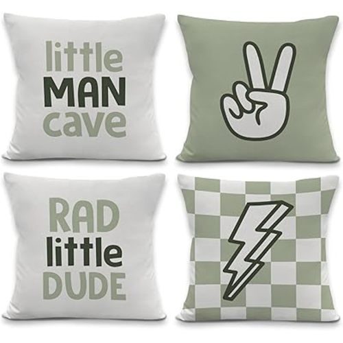 Green Boy Pillow Covers 18x18 Inches Set of 4, Retro Green Checkered Throw Pillow Covers for Couch Sofa Bed Boys Room Decor, Little Man Cave Rad Little Dude Decorative Pillowcases