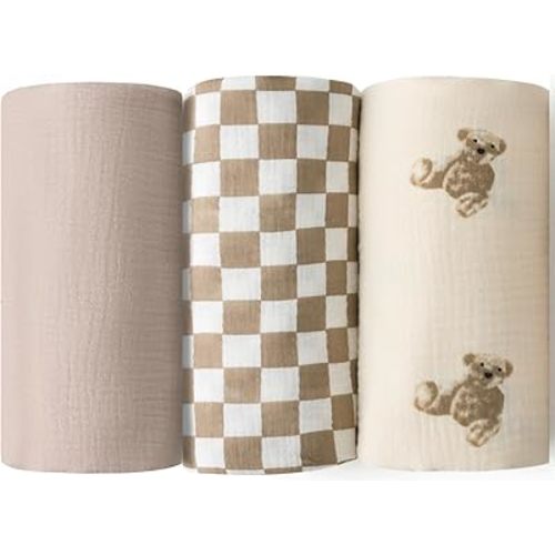 Little Jump Muslin Swaddle Blanket Baby - 40" x 47" Large Cotton Swaddling Blanket Soft Neutral 3 Pack (Coffee Checkered & Khaki & Teddy Bear)