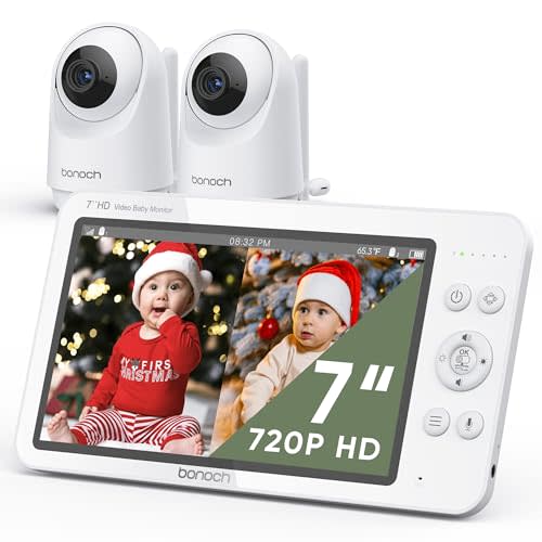 bonoch MegaView Baby Monitor with 2 Cameras, 7" 720P HD Split Screen Baby Monitor No WiFi, Video Baby Monitor with Camera and Audio, 6000mAh, VOX Mode, 2 Way Audio, Remote PTZ, Auto Night Vision