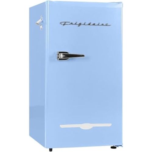 Frigidaire Retro Compact Fridge with Chiller, 3.2 cu ft Countertop Fridge with Built-In Bottle Opener, Compact Refrigerator for Office, Bedroom, Dorm Room or Cabin - 16.5" D x 19" W x 31" H (Blue)