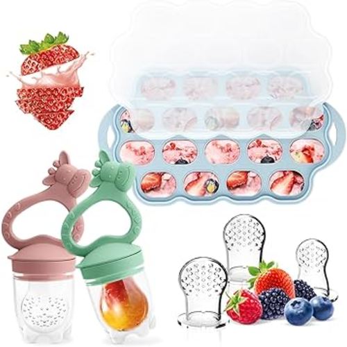 Baby Fruit Food Feeder Breastmilk Popsicle Molds for Teething Relief, Introduce New Foods, Silicone Freezer Tray with Lid, Includes 6 Food Pacifiers (Peach Pink & Grass Green)