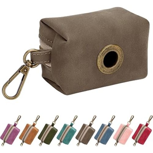 Didog Stylish Dog Poop Bag Holder for Leash, Easy-Pull and Colorful PU Leather Dog Poop Bag Dispenser with Metal Clip, Includes 1 Roll Pet Waste Bag for Daily Walking,Brown