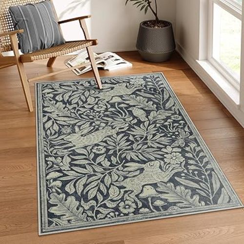 Lahome Forest Rabbit Indoor Rugs for Entryway, Soft Washable Bedroom Rug 3x5, Vintage Woodcut Print Dark Gray Carpet for Living Room Study, Stain Resistant Entrance Mat Indoor