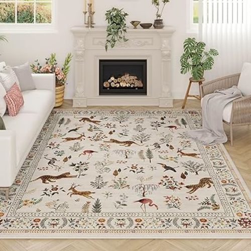 Living Room Rug 6x9 Rug Machine Washable Boho Area Rug Non Slip Floral Animal Vintage Low Pile Large Rug for Living Room, Bedroom, Farmhouse, Dining Room, Kids Playroom (Beige)