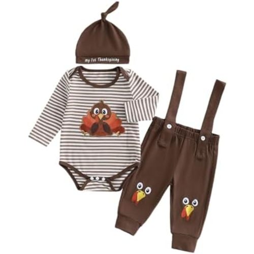 Rtnnsbbfcm My First Thanksgiving Baby Boy Outfit Turkey Long Sleeve Romper and Suspender Pants Newborn Coming Home Outfits