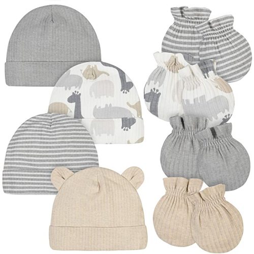 Gerber Baby Boys' 8-Piece Cap and Mitten Set - 0-6 Months - Jungle Grey White