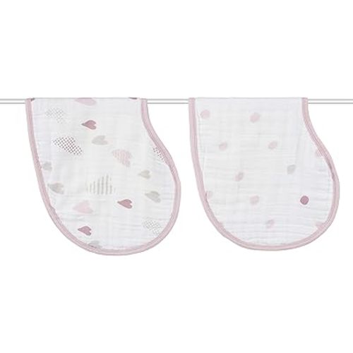 aden + anais Burpy Bib, 100% Cotton Muslin, Soft Absorbent 4 Layers, Multi-Use Burp Cloth and Bib, 22.5" X 11", 2 Pack, Heartbreaker