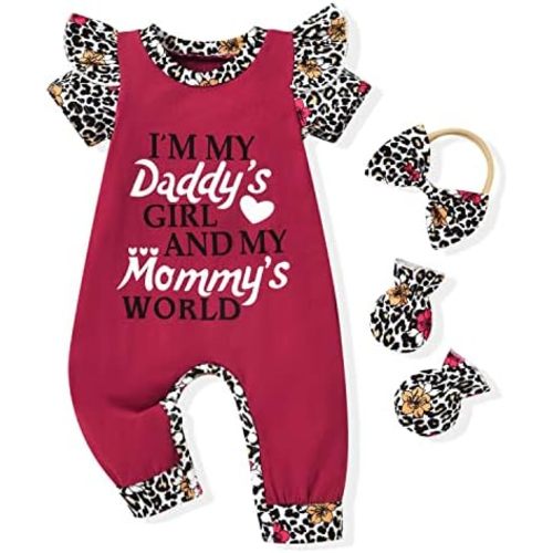 HINTINA Preemie Newborn Baby Girl Letter Print Romper Jumpsuit Gloves Headband Clothes Set