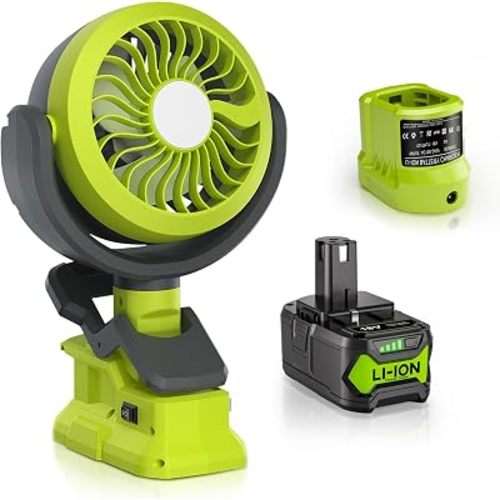 Battery Powered Clamp Fan Compatible with Ryobi 18V ONE+ Battery with LED Light , Portable Clip Camping Fan kit 8000mAh Replacement Li-ion Battery and Fast Charger Combo for Workshop Camping Outdoor