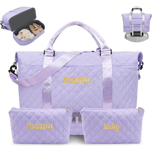 Mama Baby Pregnancy Hospital Bag Essentials for Women Labor Delivery Diaper Organizer with Shoe Compartment,2 Waterproof Toiletry Pouch Travel Duffle Bag for Mommy Weekender Overnight Gym Gifts,Purple