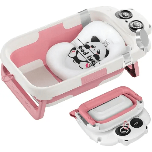 Foldable Baby Bathtub, Lightweight Bathtub for Infants to Toddlers with Soft Cushion & Thermometer, Portable Baby Tub Newborn to Toddler 0-36 Months(Pink)