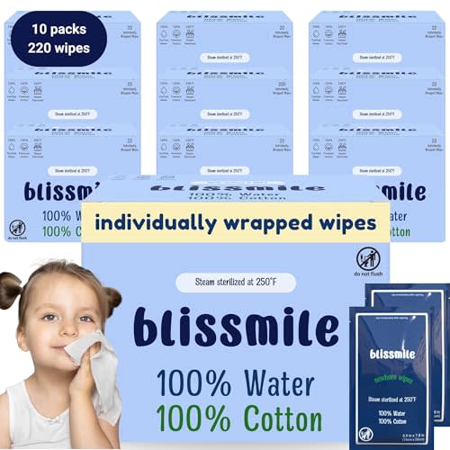 100% Water Individually Wrapped Wipes – Sterilized & Chemical-Free, Gentle for Babies and Women with Sensitive Skin - Travel-Friendly for Body, Hand and Face Wipes – 220 Wipes Total