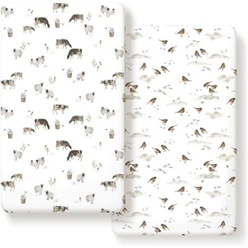 Stretch Ultra Soft Jersey Knit Fitted Crib Sheets Set 2 Pack，Fit All Standard Crib Mattress Pads Safe and Snug, Crib Fitted Sheet for Baby, Cute Watercolor Cows and Birds Print