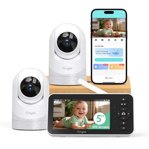 Simyke Video Baby Monitor with 2Camera and Audio,5'' IPS Screen,720P HD,App,Remote Pan/Tilt/Zoom Camera,Lullabies,Feeding Remind,HD Night Vision, VOX,2-Way Talk,Triple Security,1500ft Long Range
