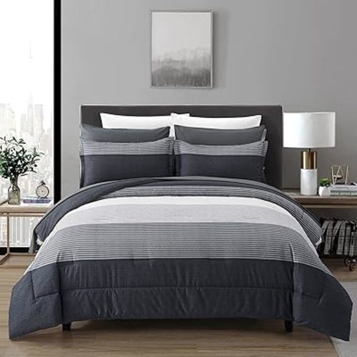 7 Pieces Bed in a Bag Black Grey Queen Size Comforter Set, Lightweight Striped Microfiber Bedding Comforter Sets for Queen Bed (1 Comforter, 2 Pillowcase, 2 Pillow Shams,1 Flat Sheet, 1 Fitted Sheet)