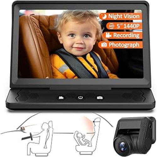 7” Baby Car Camera HD 1440P Recording, 5” Screen Baby Car Monitor with Full-Color Night Vision Camera, Infant Safety Baby Car Mirror Rear Facing for Backseat, Wide Clear View, Easy Installation