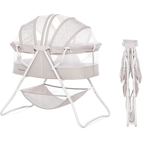 Dream On Me Karley Bassinet in Cool Grey, Lightweight Portable Baby Bassinet, Quick Fold and Easy to Carry , Adjustable Double Canopy, Indoor and Outdoor Bassinet with Large Storage Basket.