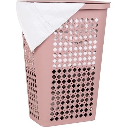 Mind Reader Slim Tapered Laundry Hamper with Lid, Clothes Basket with Swiss Cross Cut-Outs, Lightweight & Ventilated, Plastic, 16.75"L x 12.75"W x 23"H, Pink