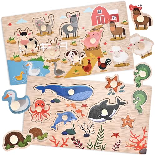 Wooderma Wooden Peg Puzzles for Toddlers 1-3, 2 Pcs Montessori Educational Learning Puzzle Toy Sets - Animal & Sea Themes Puzzles, Great Preschool Gifts for Girls and Boys (6.29 * 11.61in)