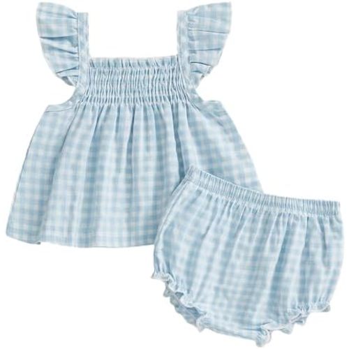 Mubineo Baby Girl Summer Clothes Cute Ruffle Tops Dress Shorts Outfits Set Infant Toddler Shirt Bloomers Princess Outfit (Plaid Blue, 3-6 Months)