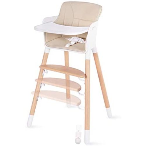 Wooden Baby High Chair with Removable Tray Adjustable Footrest and Legs Grows with Your Child Beige Cushion
