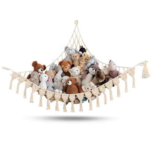 Abby Baby Extra Large Stuffed Animal Hammock with LED Lights 100% Natural Cotton Macrame Toy Storage Net for Plushies & Squishmallows Boho Macrame Corner Organizer for Kids’ Room or Nursery (Beige)