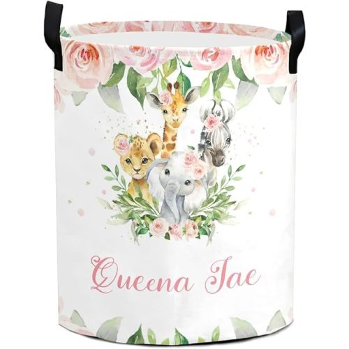 Jungle Animal Safari Pink Floral Storage Bin, Waterproof Oxford Fabric Clothes Basket Organizer for Laundry Hamper,Toy Bins,Gift Baskets, Bedroom, Clothes,Baby Nursery