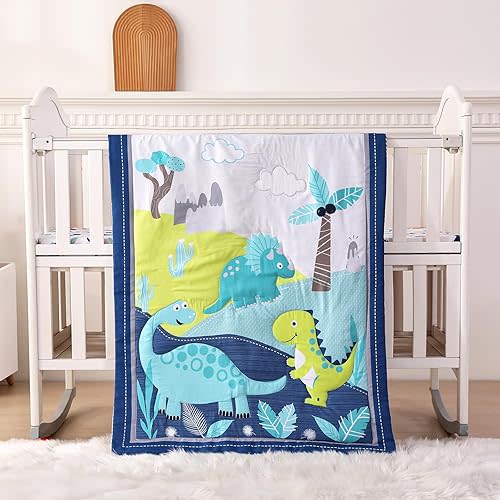 Wowelife Dinosaur Mini Crib Bedding Set for Boys and Girls Blue Premium 3-Piece Baby Bedding Sheet Set Dinosaurs Nursery Crib Set Crib Comforter Set Breathable and Soft for Baby