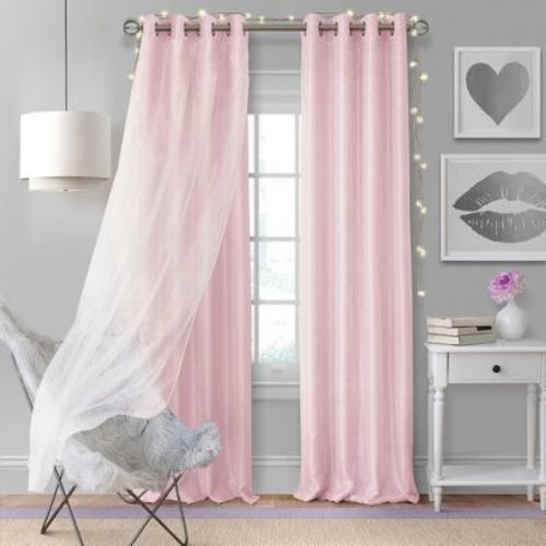 Aurora Kids Room Darkening Sheer Sparkle Overlay Single Curtain Panel - 52" x 108" - Soft Pink - Elrene Home Fashions