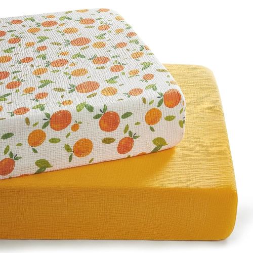 TILLYOU Muslin Crib Sheets for Boys and Girls 2 Pack, Neutral Soft Cotton Baby Crib Mattress Protector, for 52"x 28" Toddler Bed, Orange Flavour & Orange