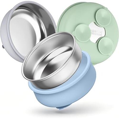 HaWare Baby Bowls with Suction, Stainless Steel Toddler Bowl with Removable Silicone Sleeve, Non-Slip Child Food Bowl with Silicone Suction, Unbreakable Kids Bowls for Feeding, Blue+Green+Grey, 3 Pack