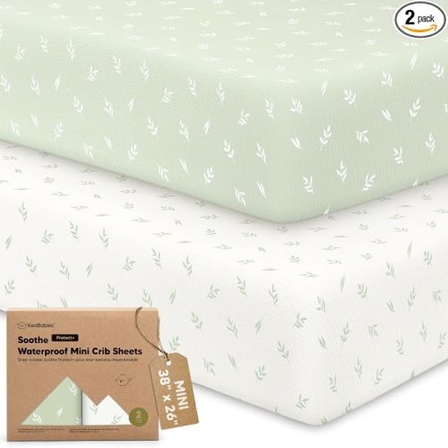 2 Pack and Play Sheets, Waterproof Mini Crib Sheets Fitted - 38x26 Organic Cotton Pack N Play Sheets for Graco Pack and Play Mattress, Playard Baby Crib Sheets, Neutral for Boy, Girl, Toddler (Herb)