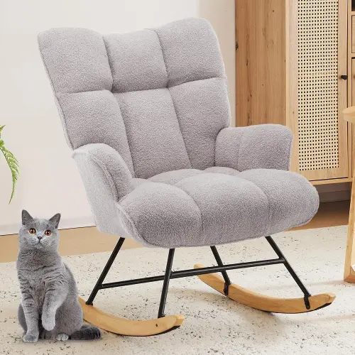 Nursery Rocking Chair Teddy Upholstered Glider Rocker Rocking Accent Chair with High Backrest Comfy Armchair with Padded Seat Soft Side Chair for Living Room Bedroom Office (Grey Teddy)