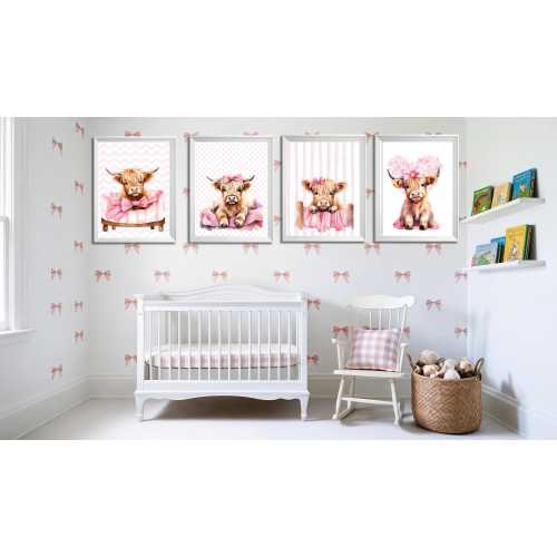 Highland Cow Nursery Wall Art –Baby Highland Cow Prints with Pink Bow – Watercolor Farm Animal Decor – Girl’s Room Wall Art