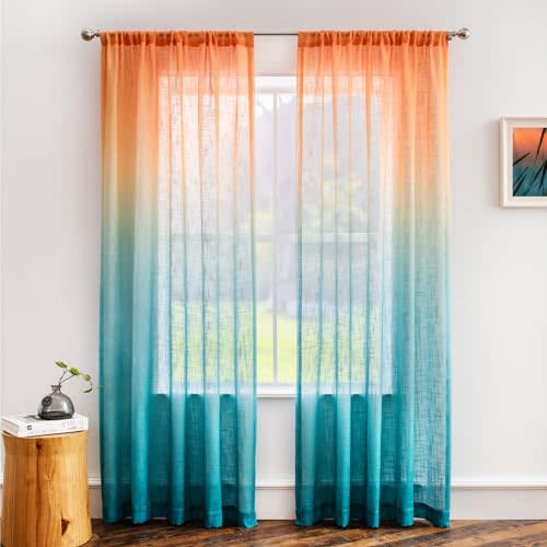 Melodieux Linen Textured Ombre Semi Sheer Curtains 84 Inches Long for Bedroom Living Room Sunset Rod Pocket Gradient Drapes, Orange Green Teal Turquoise Mint, 52 x 84 Inch (2 Panels)