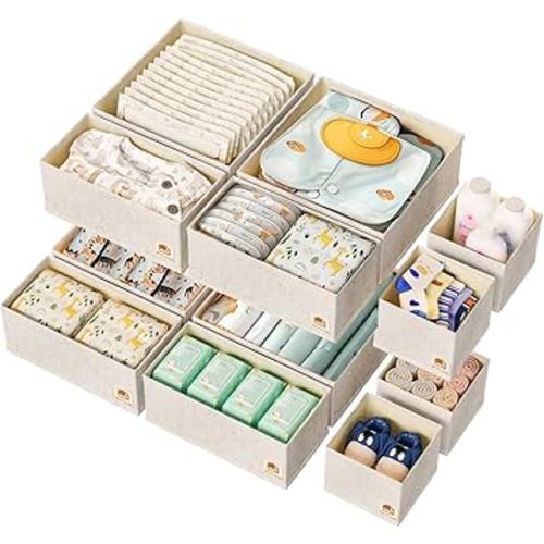 12 Pack Drawer Organizer for Baby Clothes, Linen Fabric Nursery Drawer Organizer for Baby Diaper, Collapsible Deep Fabric Drawer Organizer with Zipper for Socks, Bra, Towels, Ties, Beige