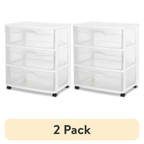 (2 pack) Sterilite Storage Drawer, 3 Drawer Wide Plastic Storage Cart with Clear Pull Out Drawers, White