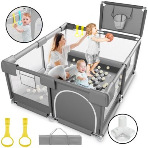 HioHa Baby Playpen, Big Playard with Basketball Hoop, Portable Play Yard Baby Fences with Storage Bag for Infant Toddler