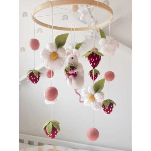 Strawberry Mouse Baby Mobile: Needle Felted Nursery Decor