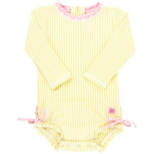 RuffleButts Baby/Toddler Girls Seersucker Long Sleeve One Piece Rash Guard Swimsuit with UPF 50+ Sun Protection
