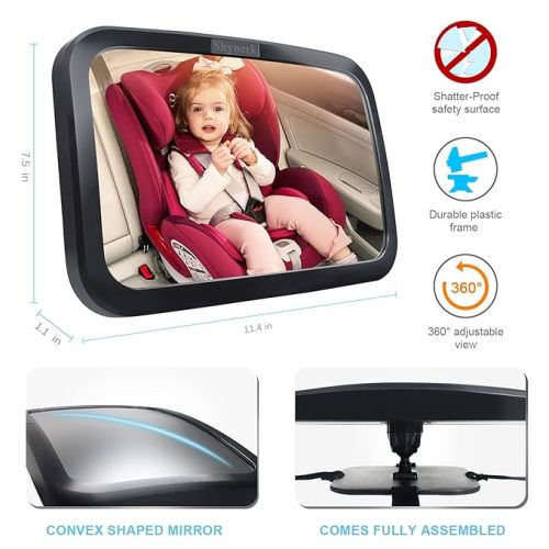 Shynerk Baby Car Mirror, Safety Car Seat Mirror for Rear Facing Infant with Wide Crystal Clear View, Shatterproof, Fully Assembled, Crash Tested and Certified - Black